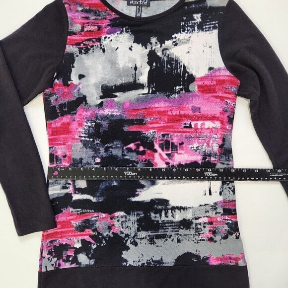 Marble Sweater Mini Dress XS Black Pink Abstract Long Sleeve Crew Neck Fine Knit - Picture 6 of 9